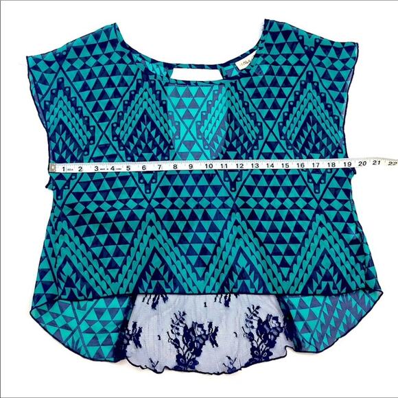 Emerald Green Navy Geometric Print Sheer Crop Top - Picture 3 of 5